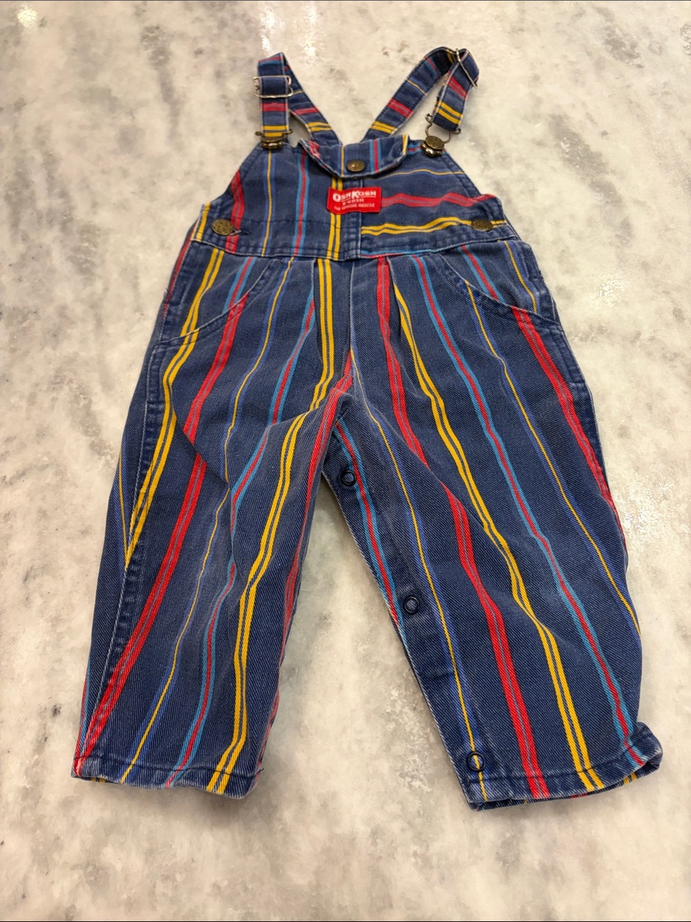 OshKosh B'gosh Navy Overalls with Red, Yellow & Light Blue Stripes